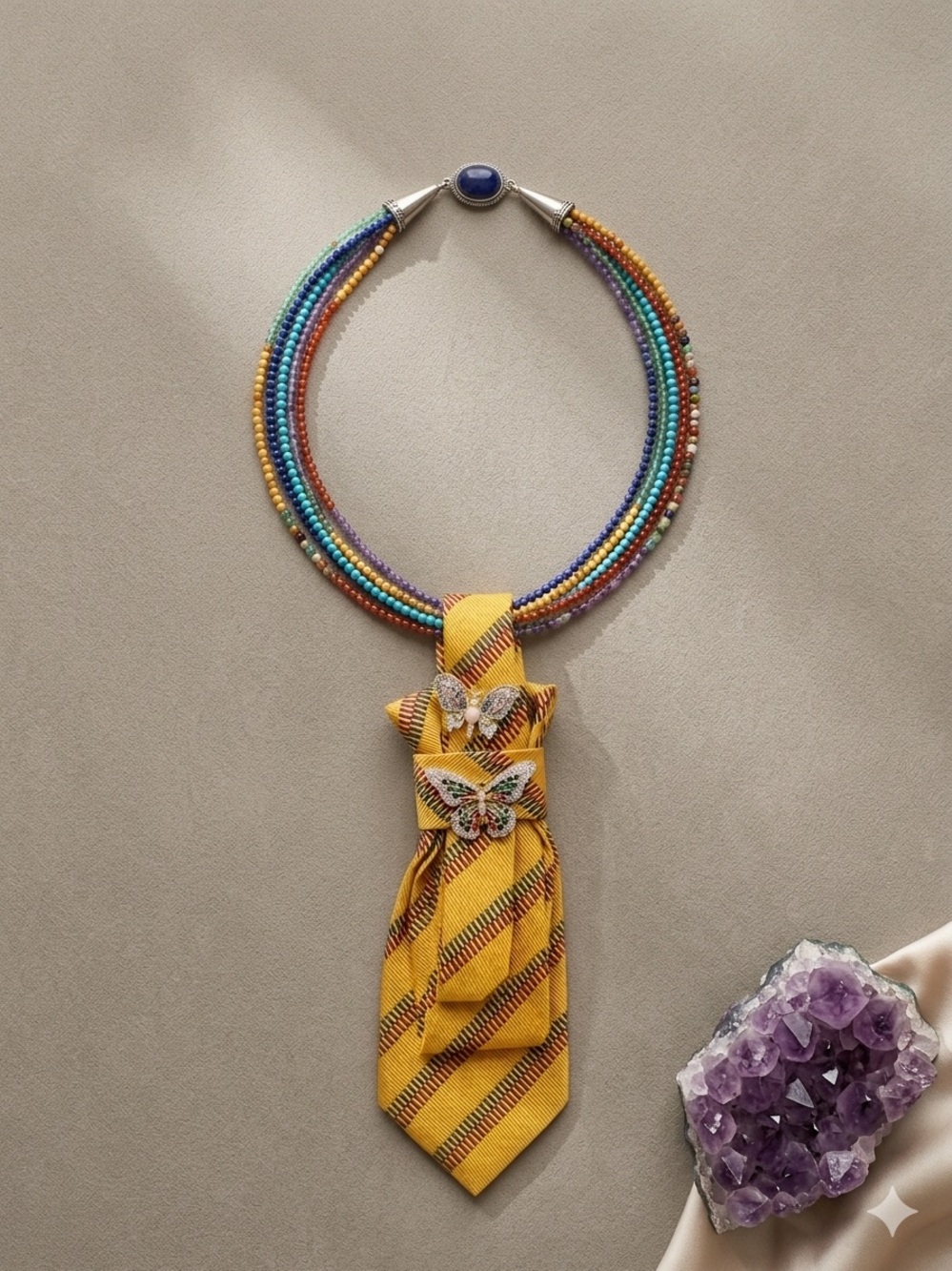 Handmade Upcycled Silk Tie Necklace w/ Butterfly Brooches Beaded Statement Piece